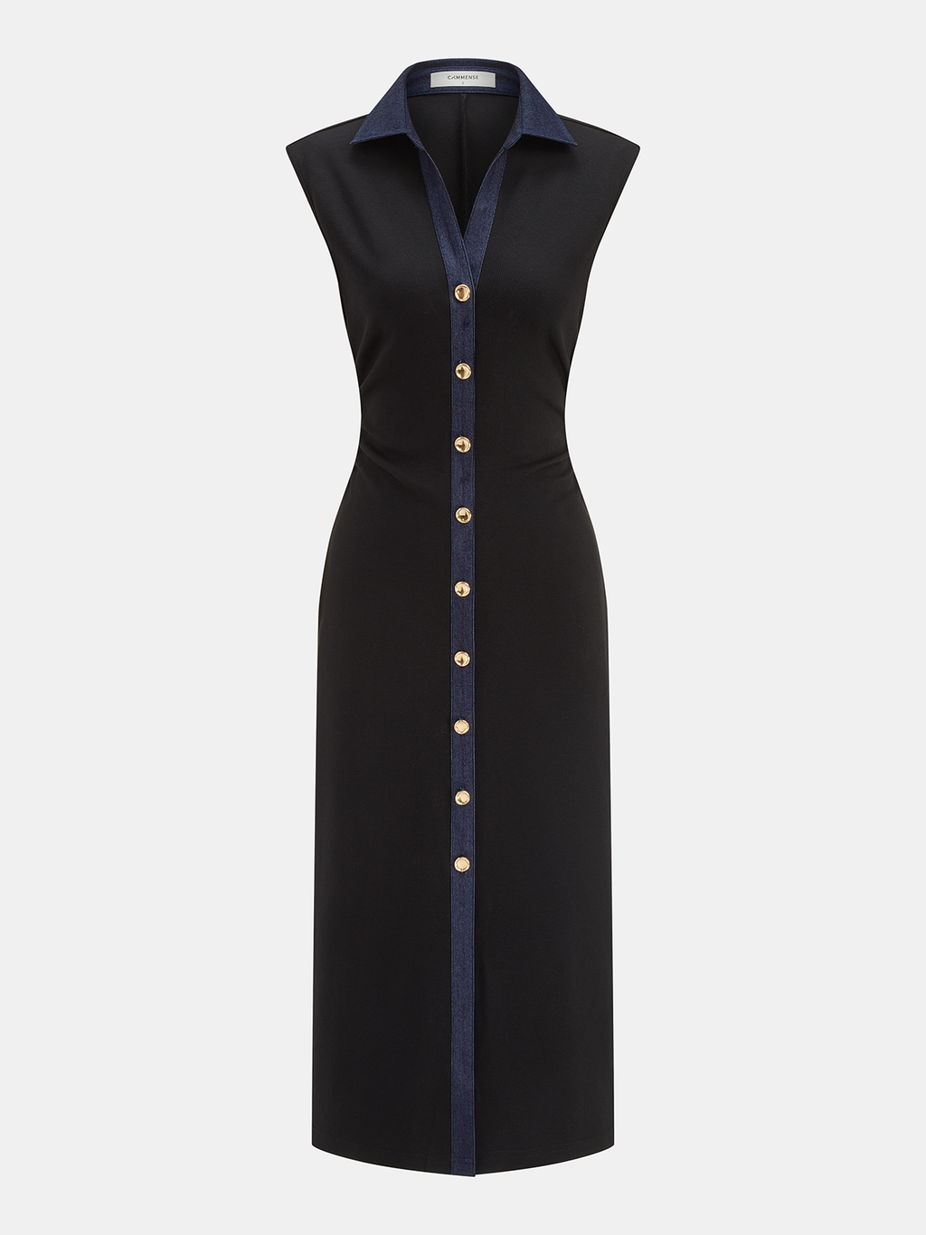 Sleeveless Denim Midi Dress with Buttoned Front Panel