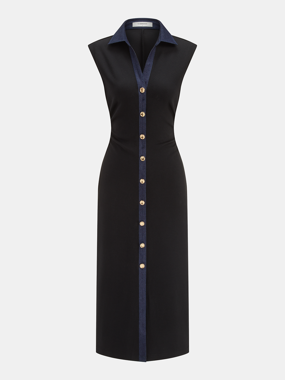 Sleeveless Denim Midi Dress with Buttoned Front Panel
