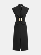 Buckle-Detailed Sleeveless Split Midi Bodycon Dress