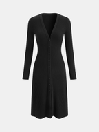 Long Sleeve Button-Down Ribbed Knit Midi Dress