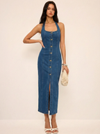 Denim Halter Maxi Dress with Button Front Detail