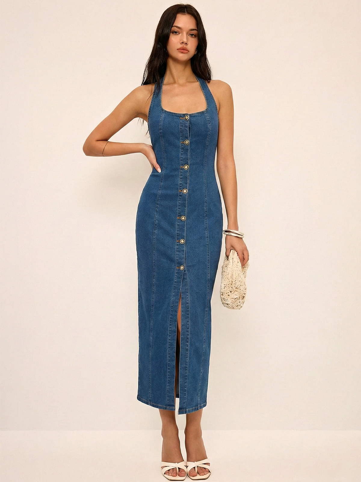 Denim Halter Dress with Button-Front Maxi Design