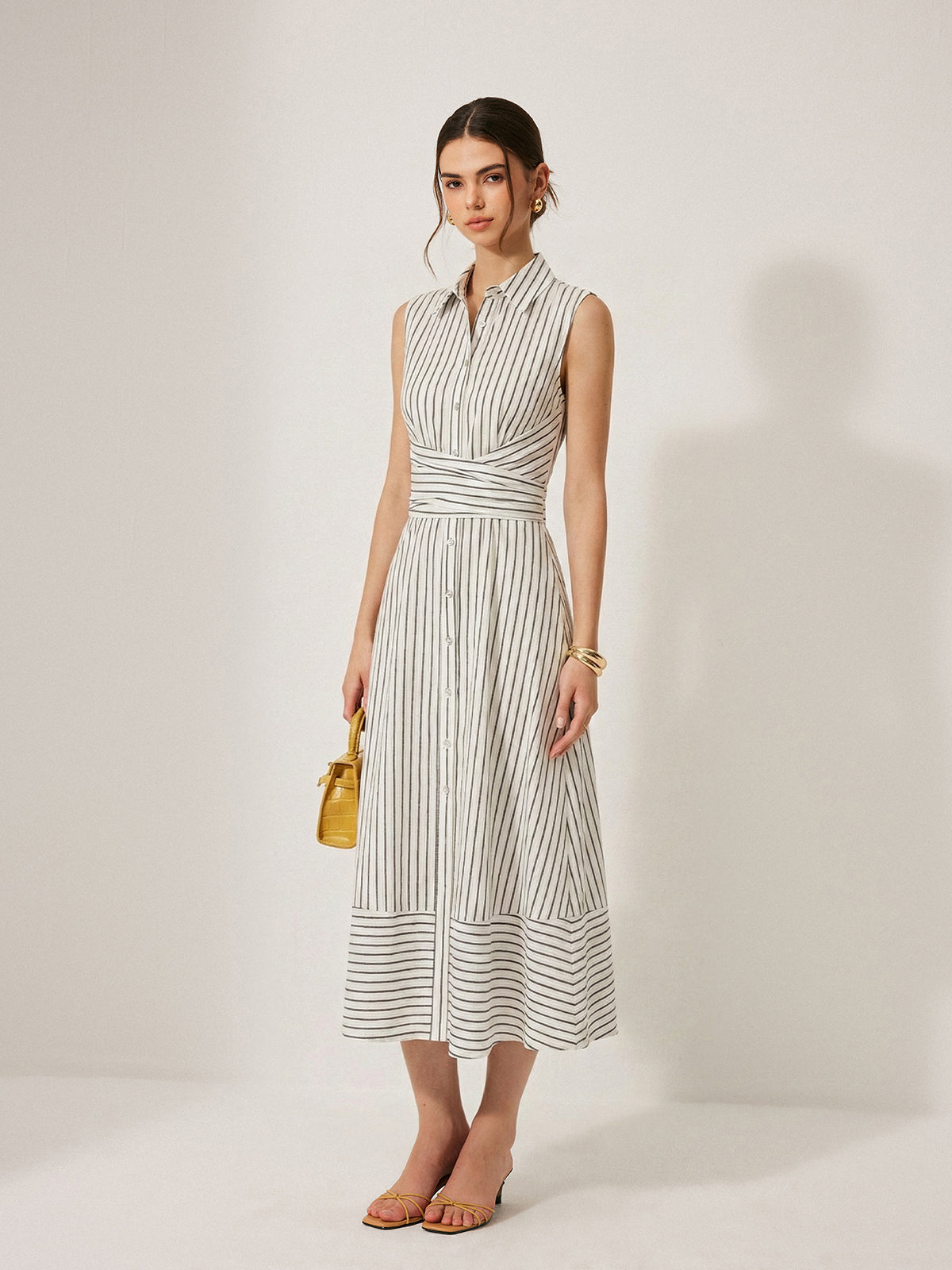 Striped Sleeveless Midi Dress with Collared Tie Waist