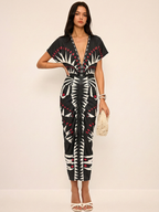 Geometric Pattern Midi Dress with Plunging V-Neck