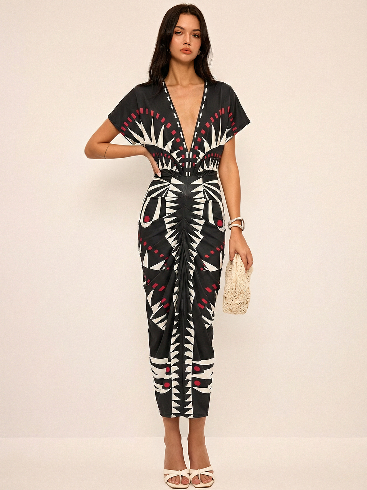 Geometric Pattern Midi Dress with Plunging V-Neck