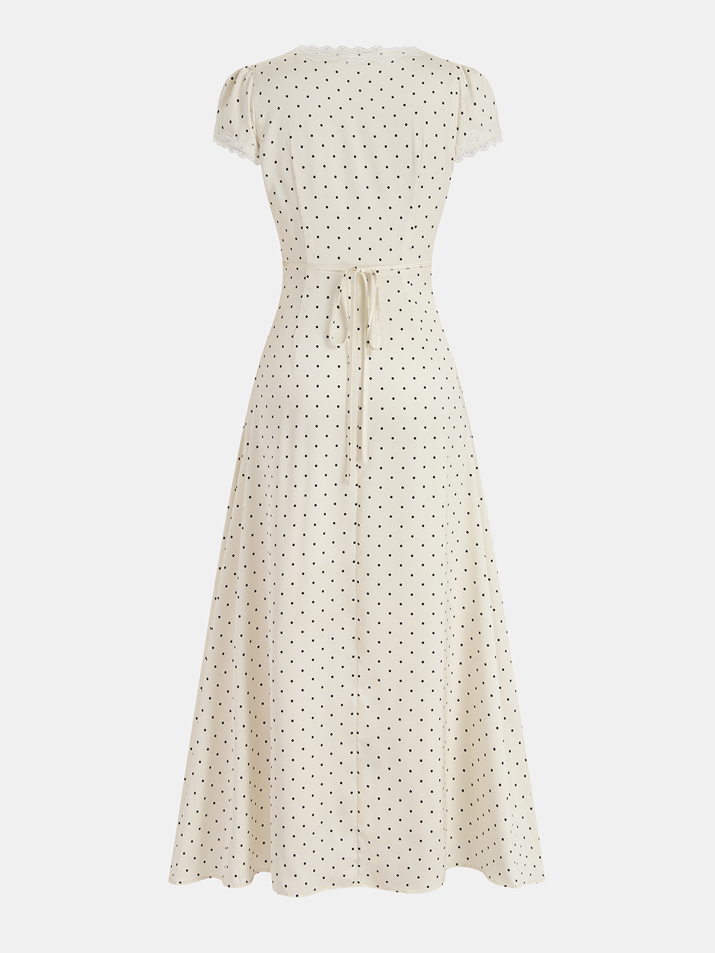 Polka Dot Dress with Lace Trim Midi-Length