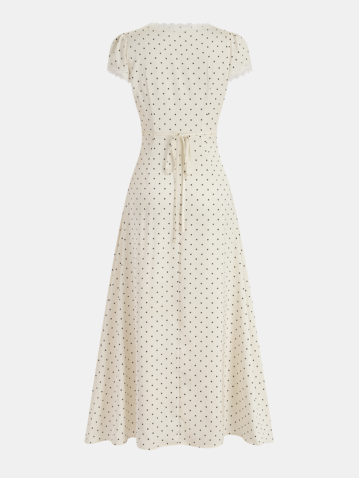 Lace-Trimmed Polka Dot Midi Dress with Delicate Details