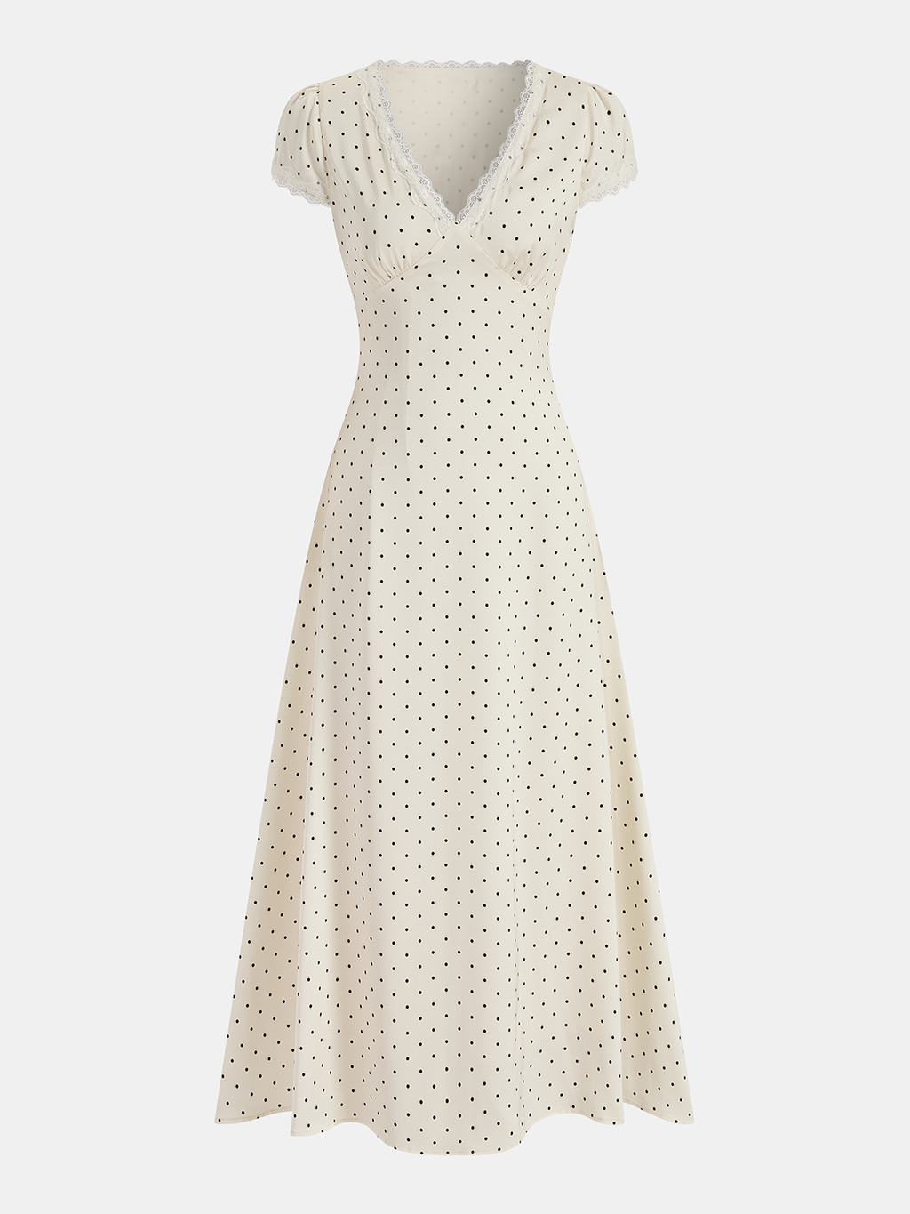 Lace-Trimmed Polka Dot Midi Dress with Delicate Details