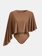Asymmetric Cape Sleeve Knit Bodysuit in Slinky Fabric