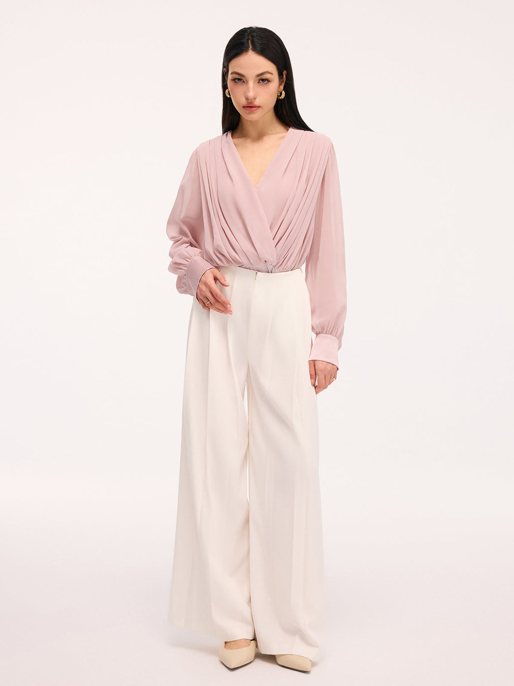 Deep V-Neck Long Sleeve Pleated Bodysuit
