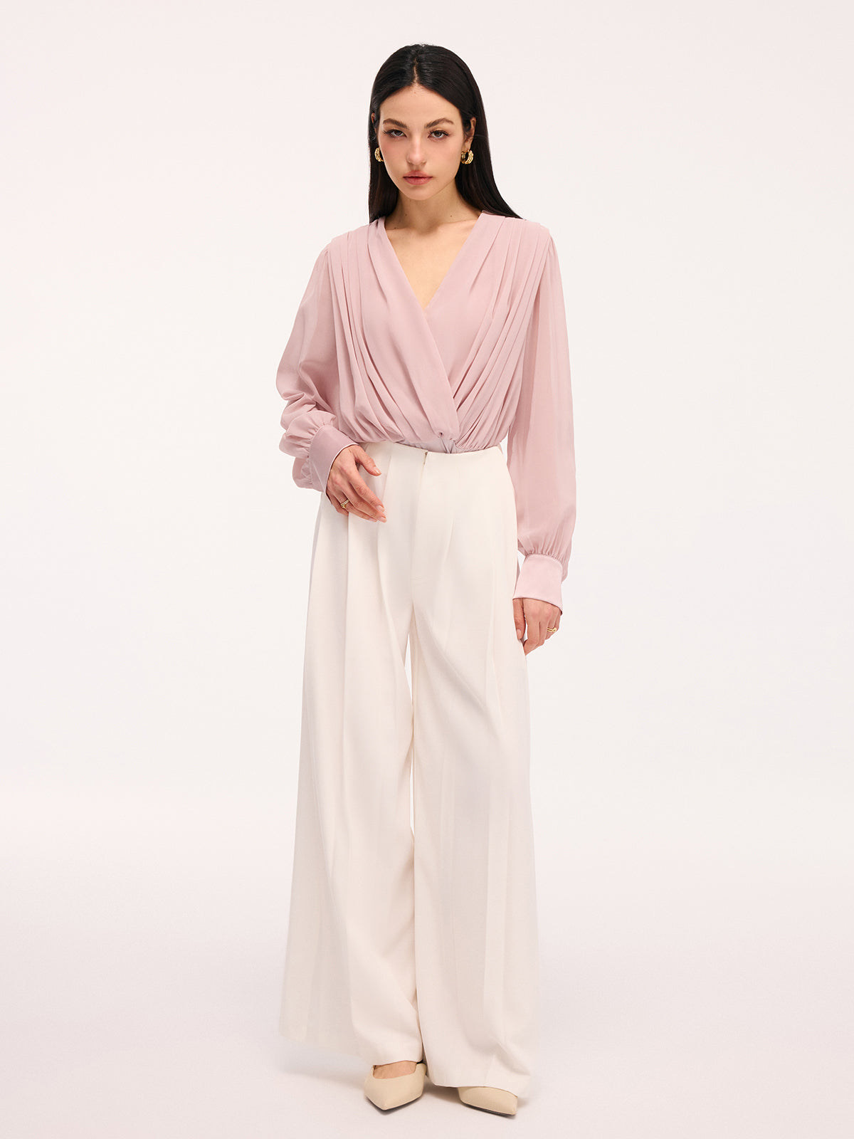 Deep V-Neck Long Sleeve Pleated Bodysuit