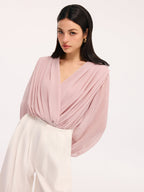 Deep V-Neck Long Sleeve Pleated Bodysuit