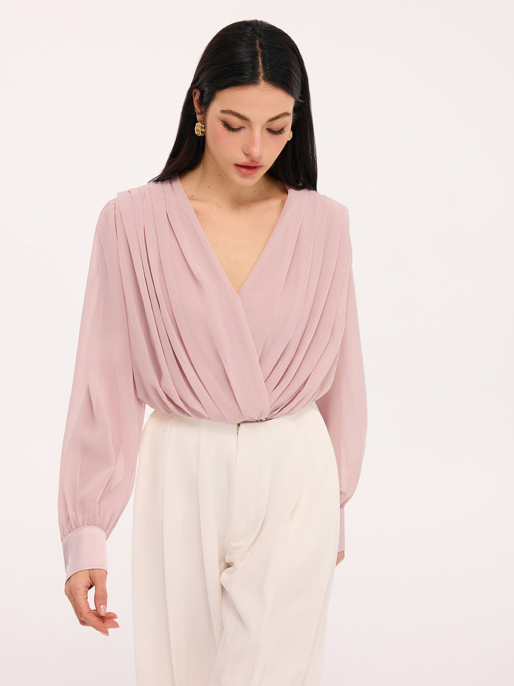 Deep V-Neck Long Sleeve Pleated Bodysuit