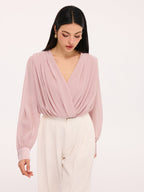 Deep V-Neck Long Sleeve Pleated Bodysuit