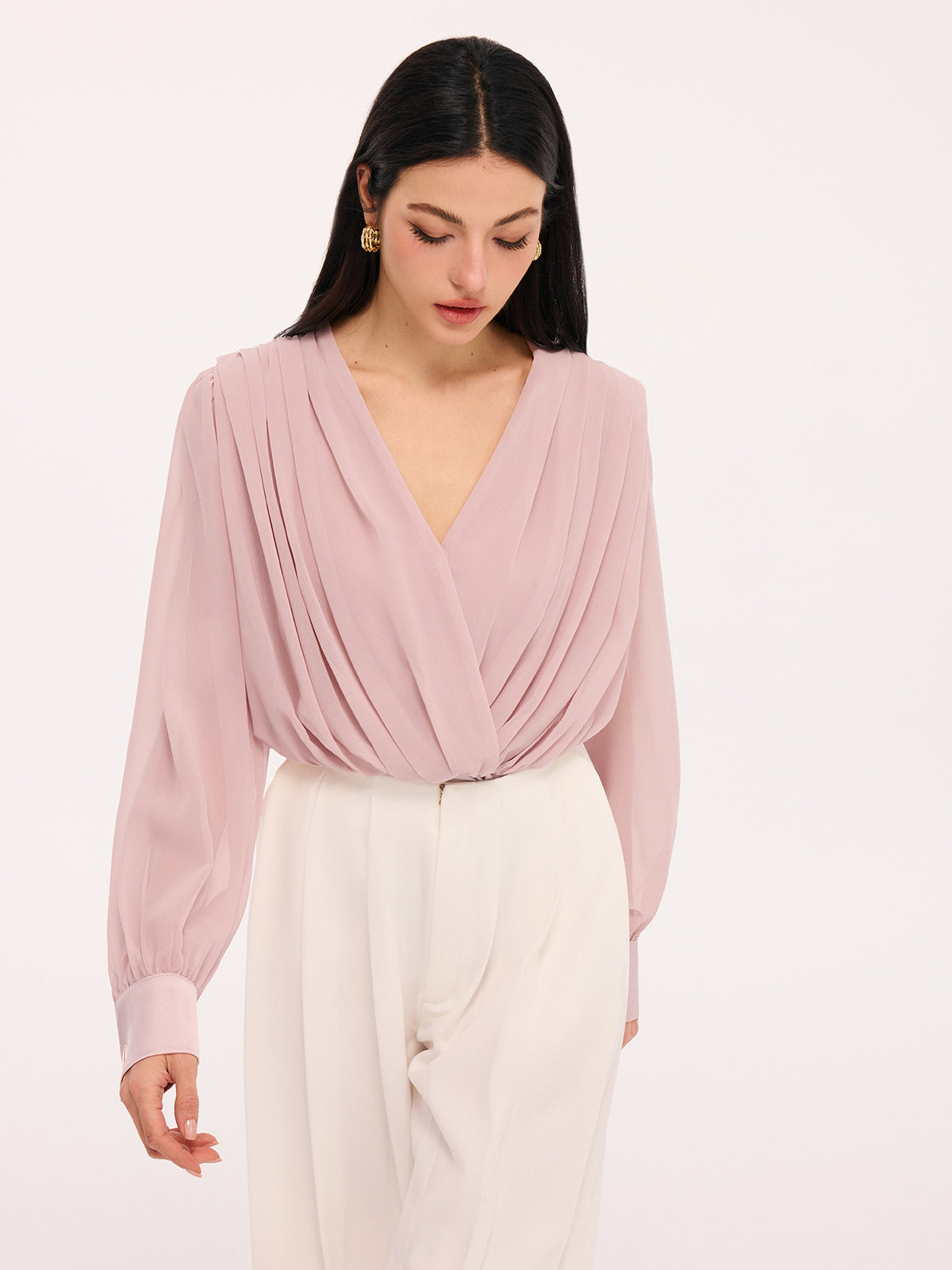 Deep V-Neck Long Sleeve Pleated Bodysuit