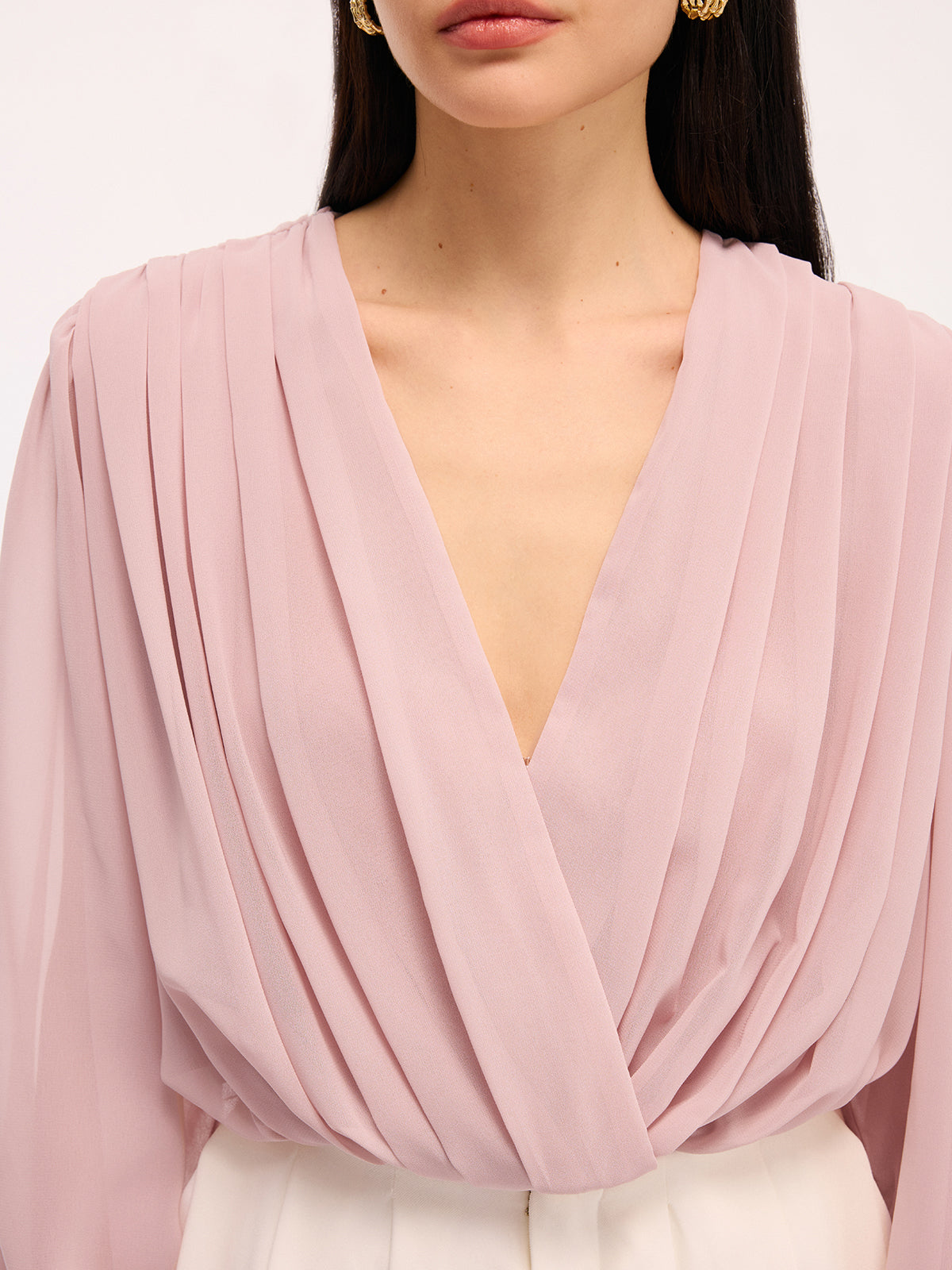 Deep V-Neck Long Sleeve Pleated Bodysuit