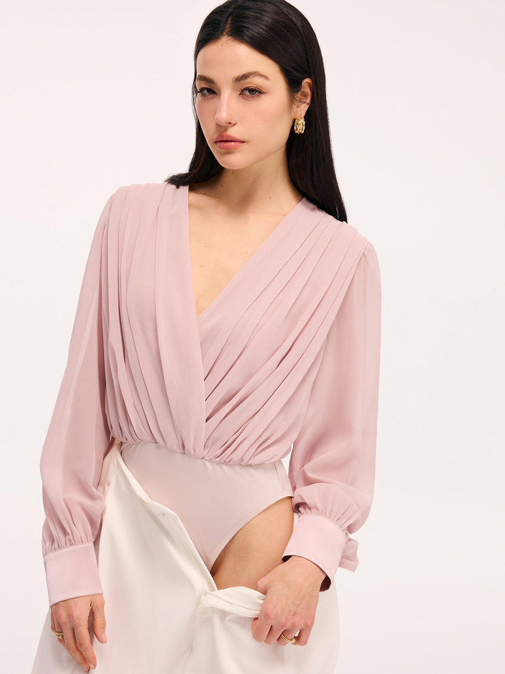 Deep V-Neck Long Sleeve Pleated Bodysuit