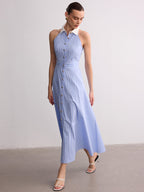Striped Sleeveless Collared Maxi Dress with Buttons