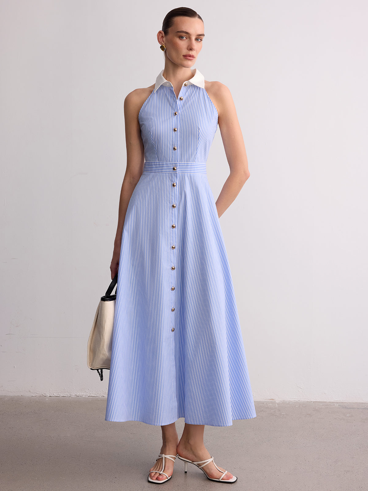 Striped Sleeveless Maxi Dress with Collar and Buttons