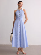 Striped Sleeveless Maxi Dress with Collar and Buttons