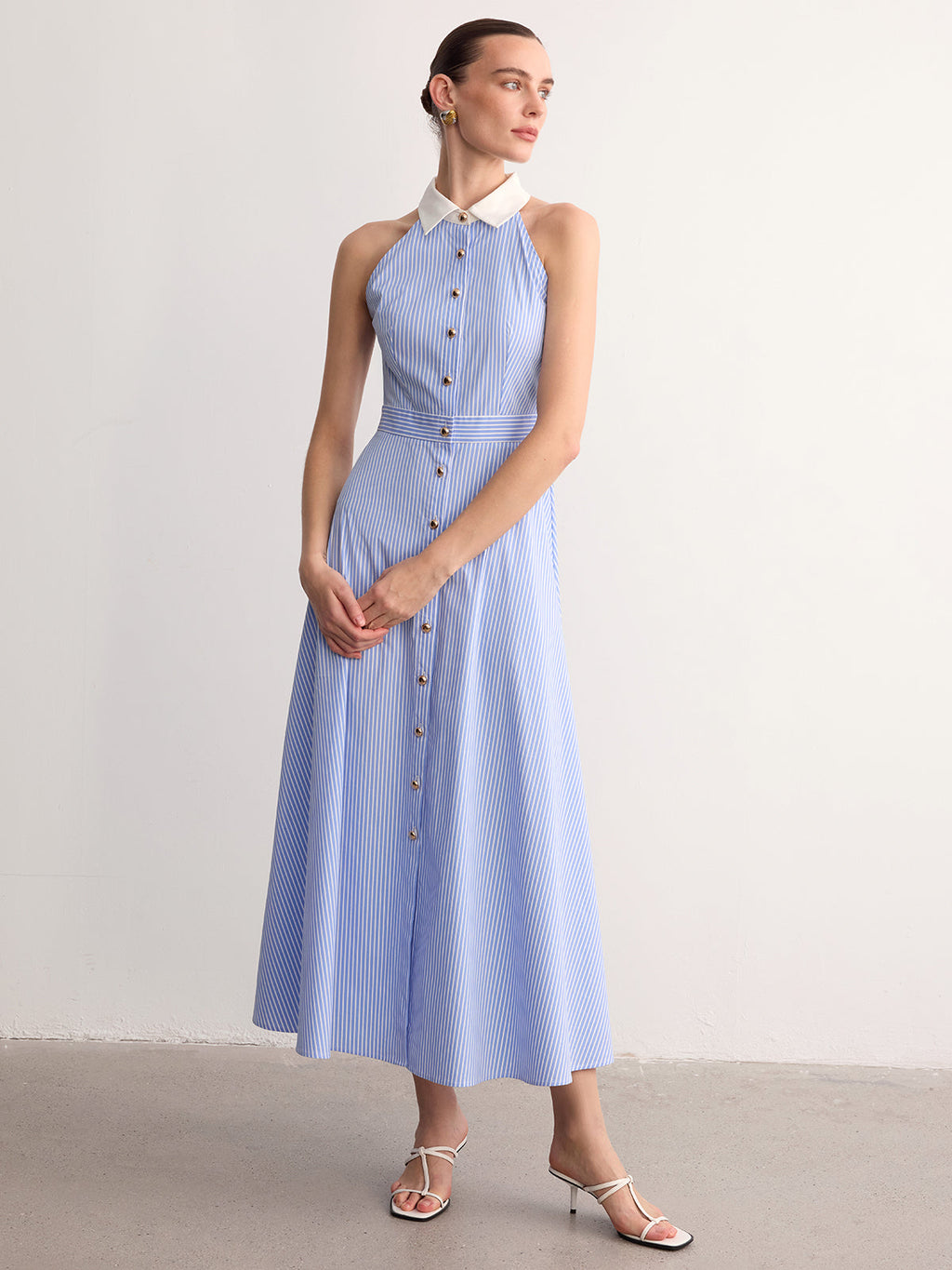Striped Sleeveless Maxi Dress with Collar and Buttons