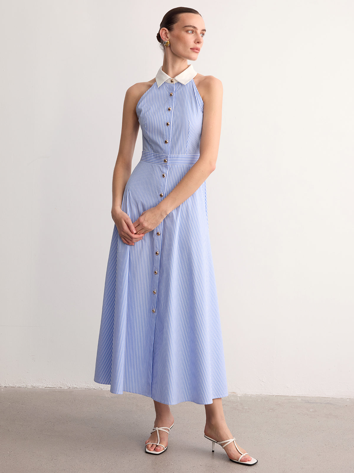 Striped Sleeveless Collared Maxi Dress with Buttons