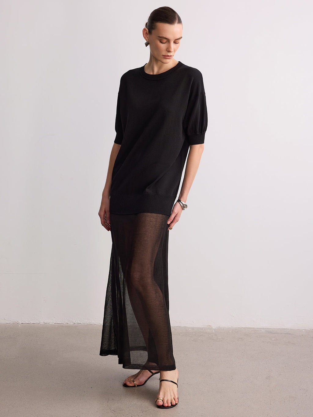 Sheer Hem Knit Maxi Dress with Short Sleeves