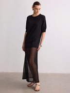 Short Sleeve Knit Maxi Dress with Sheer Hem