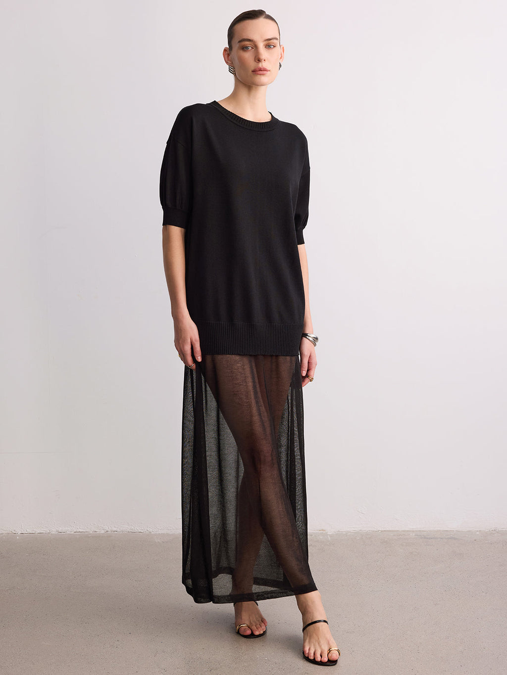 Short Sleeve Knit Maxi Dress with Sheer Hem
