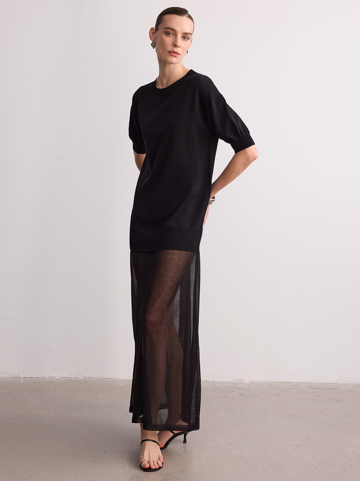 Sheer Hem Knit Maxi Dress with Short Sleeves