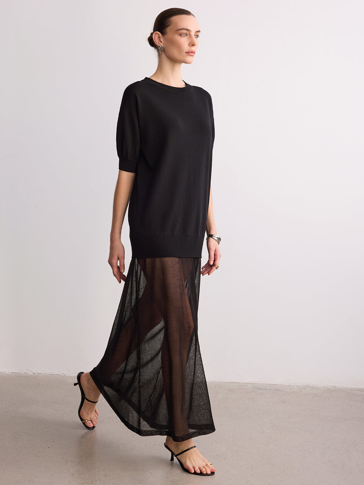 Short Sleeve Knit Maxi Dress with Sheer Hem