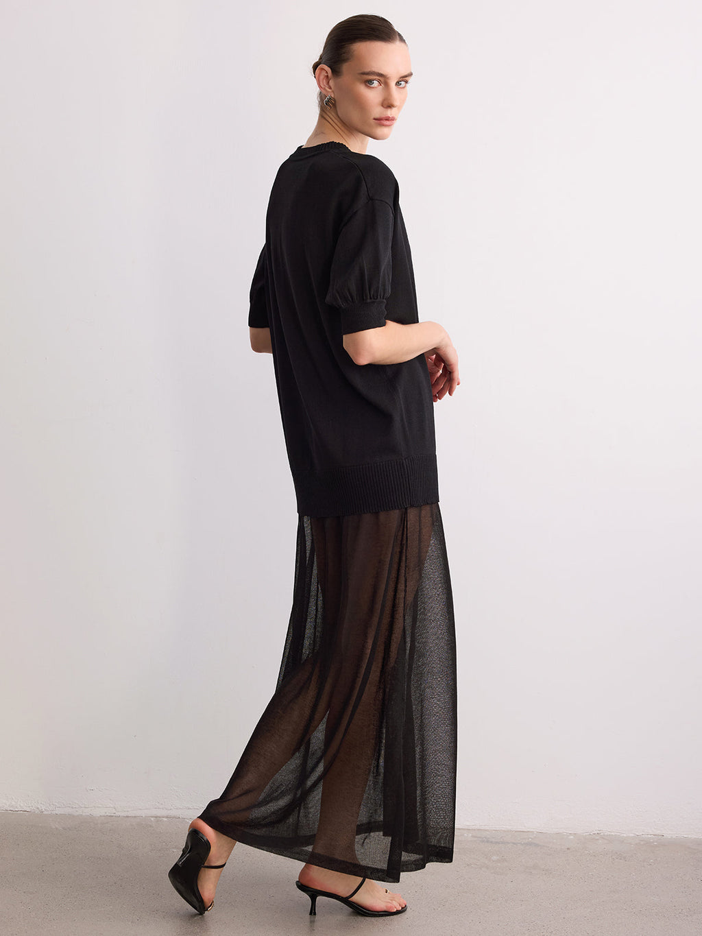 Sheer Hem Knit Maxi Dress with Short Sleeves