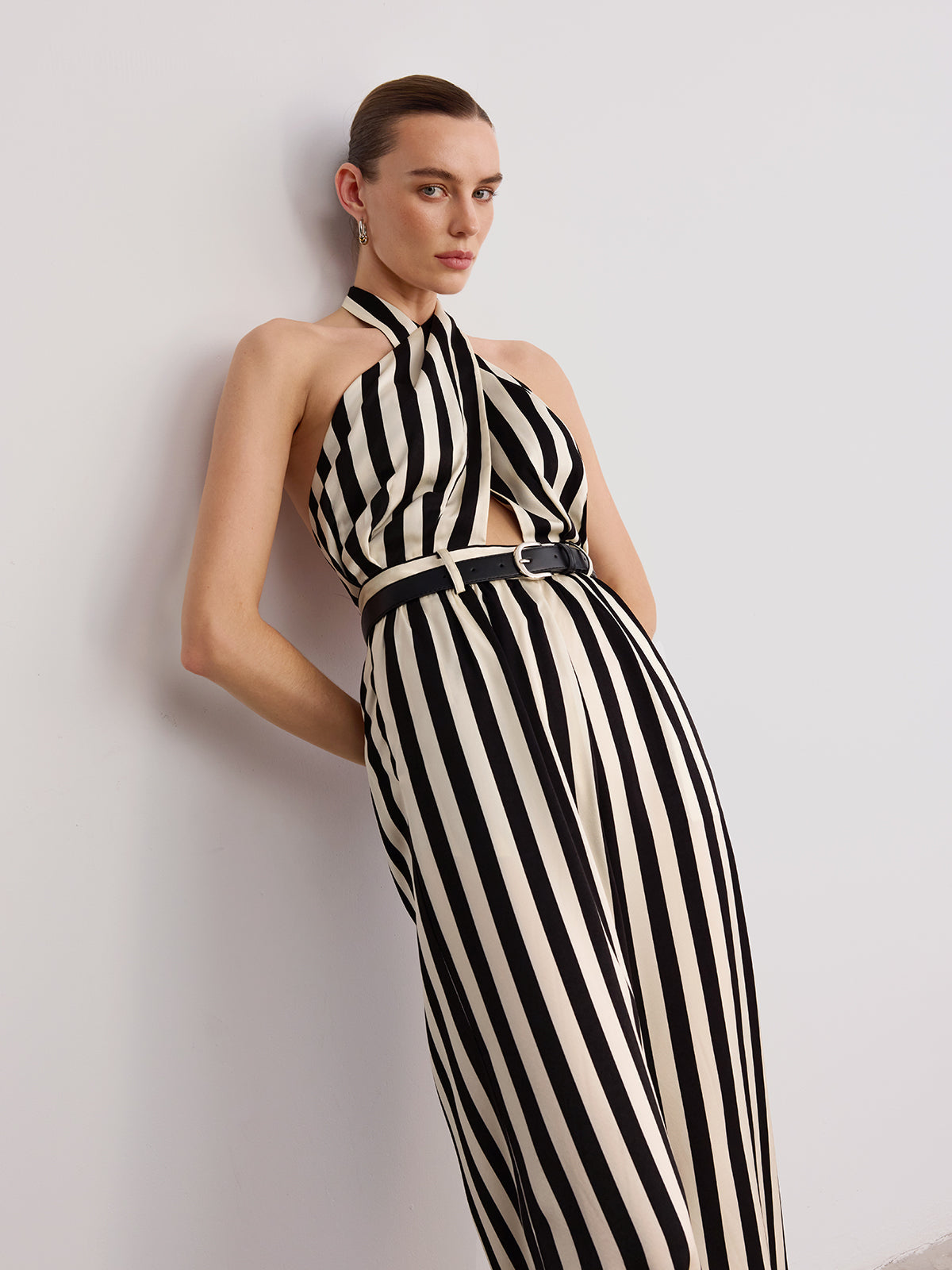 Striped Halter Jumpsuit with Belt Detail