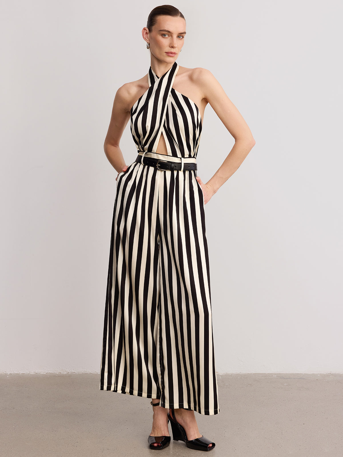 Striped Halter Jumpsuit with Belt Detail