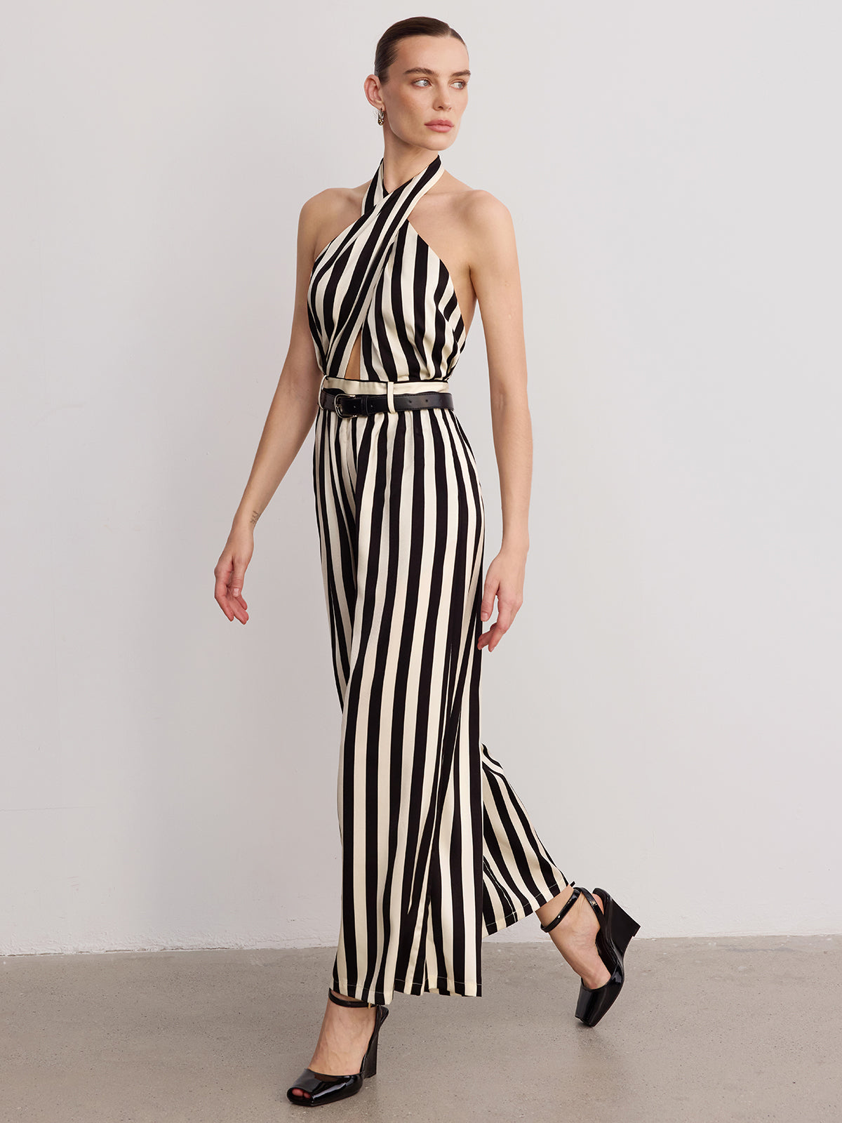 Striped Halter Jumpsuit with Belt Detail