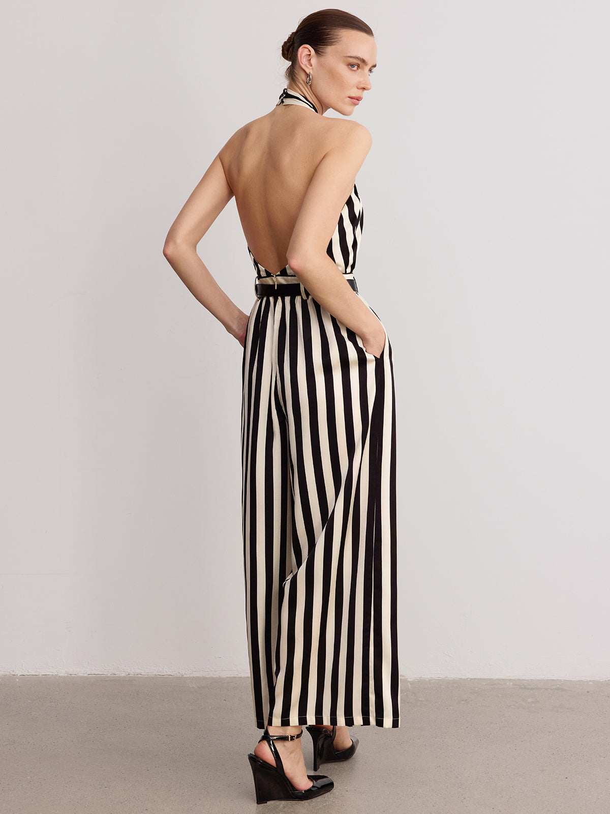 Striped Halter Jumpsuit with Belt Detail