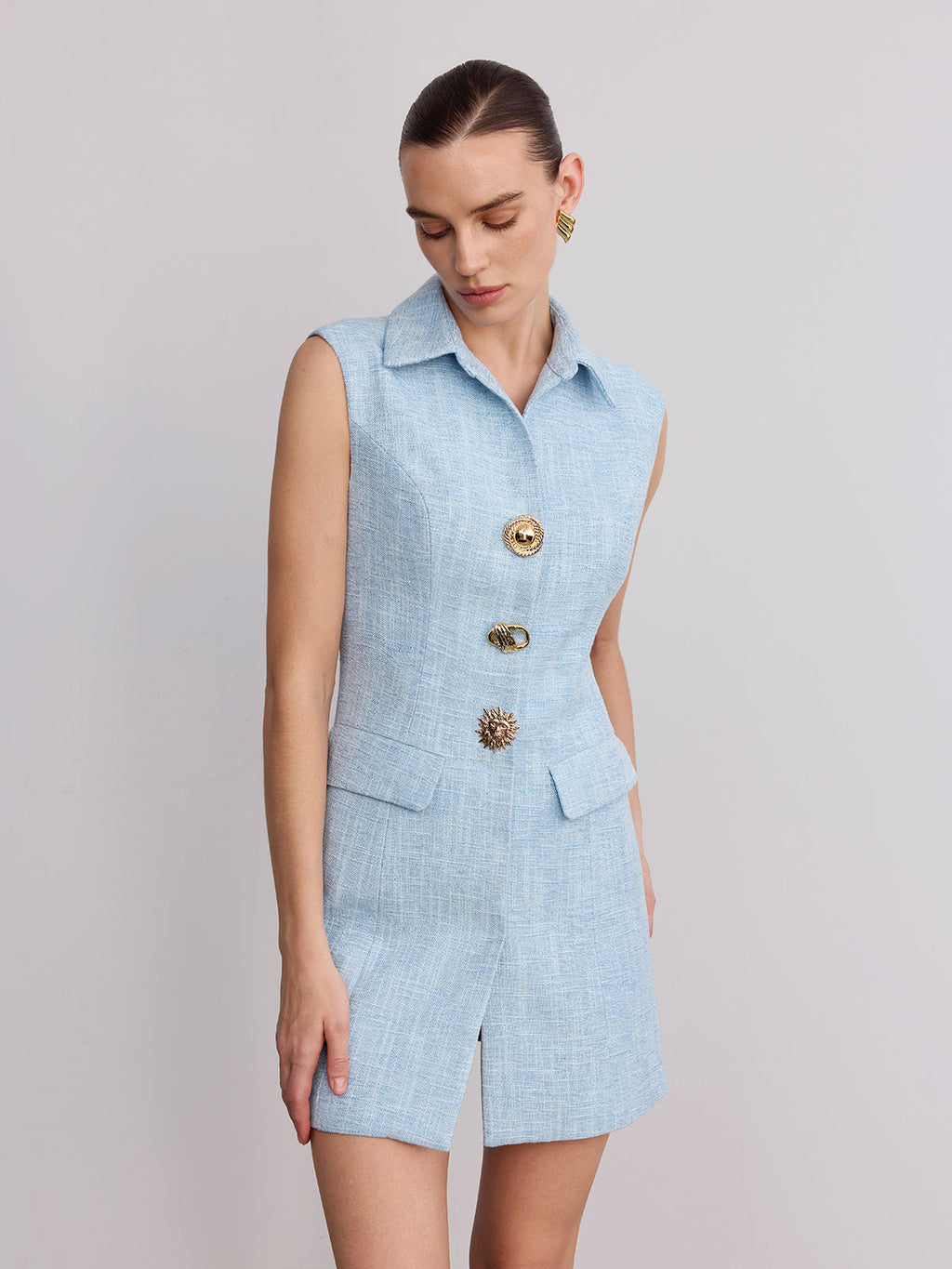 Chic Tweed Mini Dress with Collar, Sleeveless Design