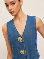 Custom-Fit Denim Vest with Button-Up Design