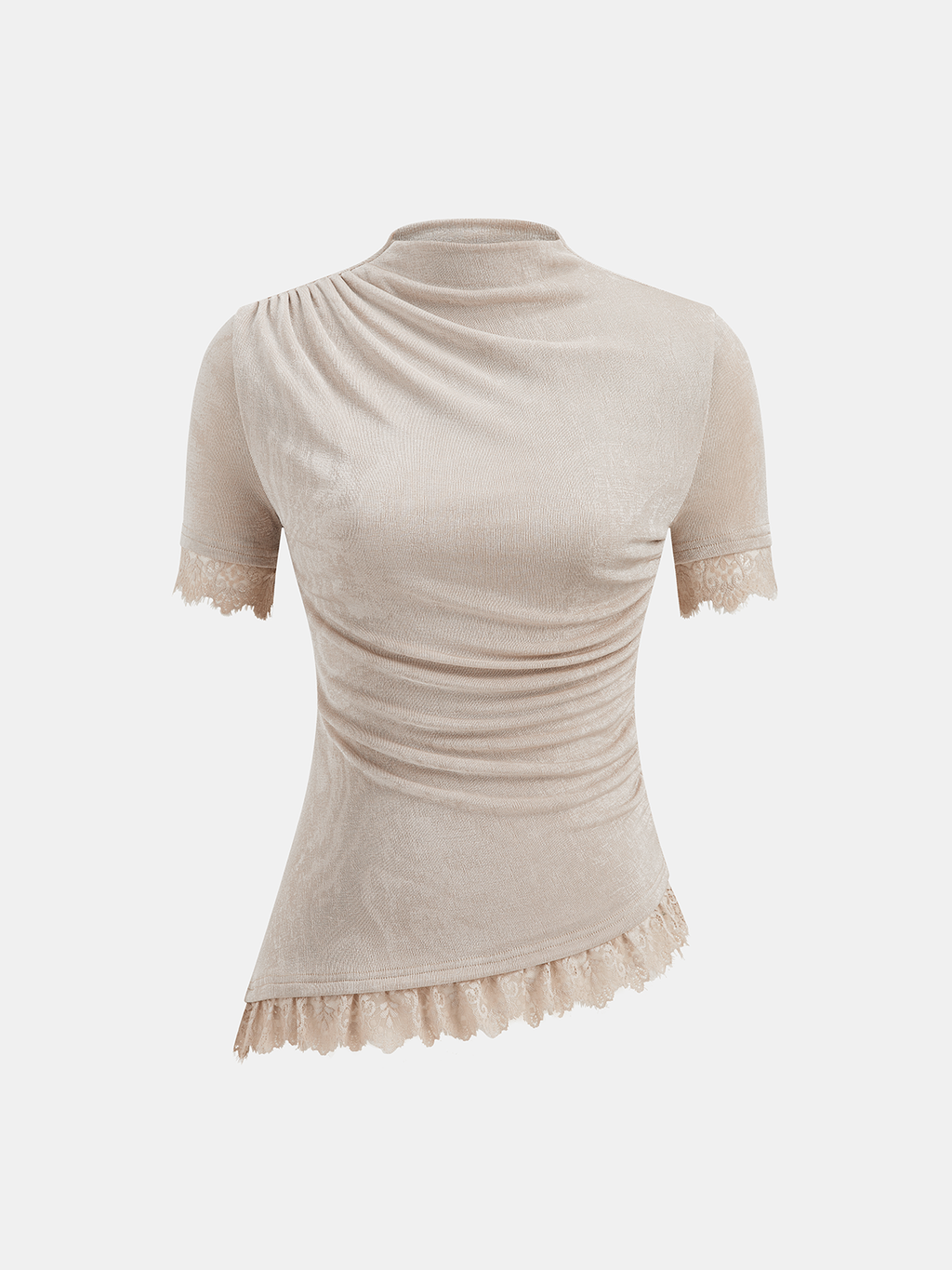 Mock Neck Top with Lace Trim and Ruching