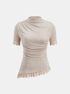 Mock Neck Top with Lace Trim and Ruching