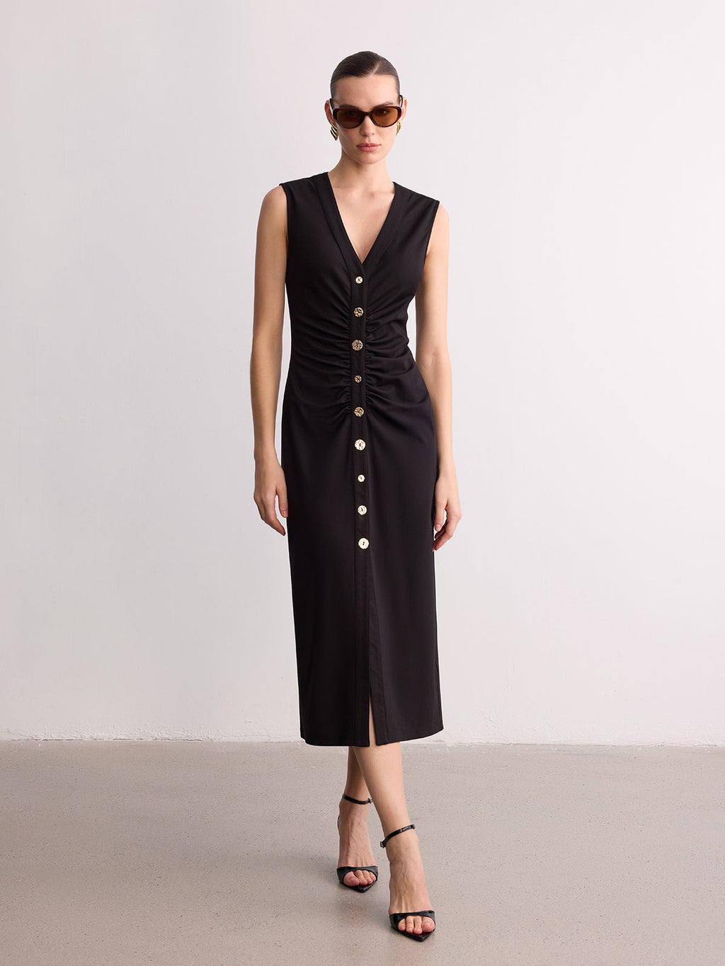 Sleeveless V-Neck Midi Dress with Ruched Button Front