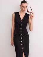 Sleeveless V-Neck Midi Dress with Ruched Button Detail