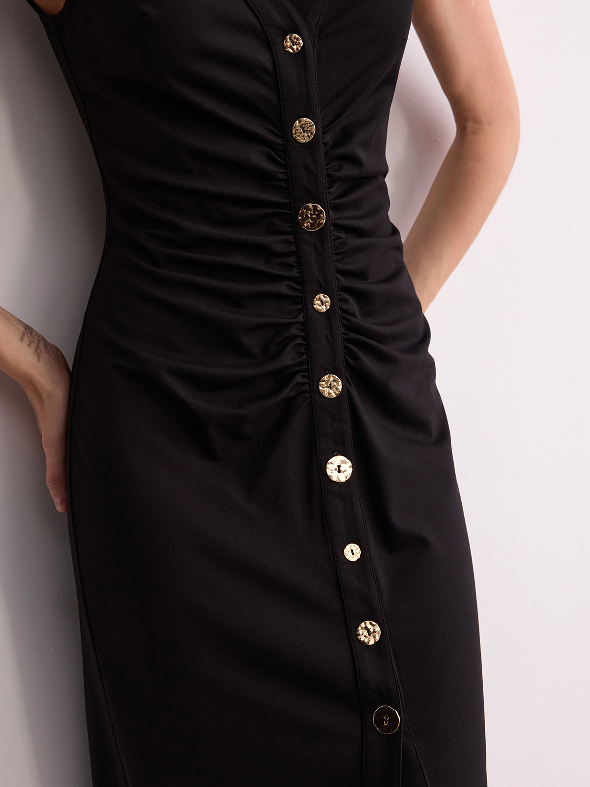 Sleeveless V-Neck Midi Dress with Ruched Button Detail