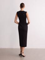 Sleeveless V-Neck Midi Dress with Ruched Button Detail