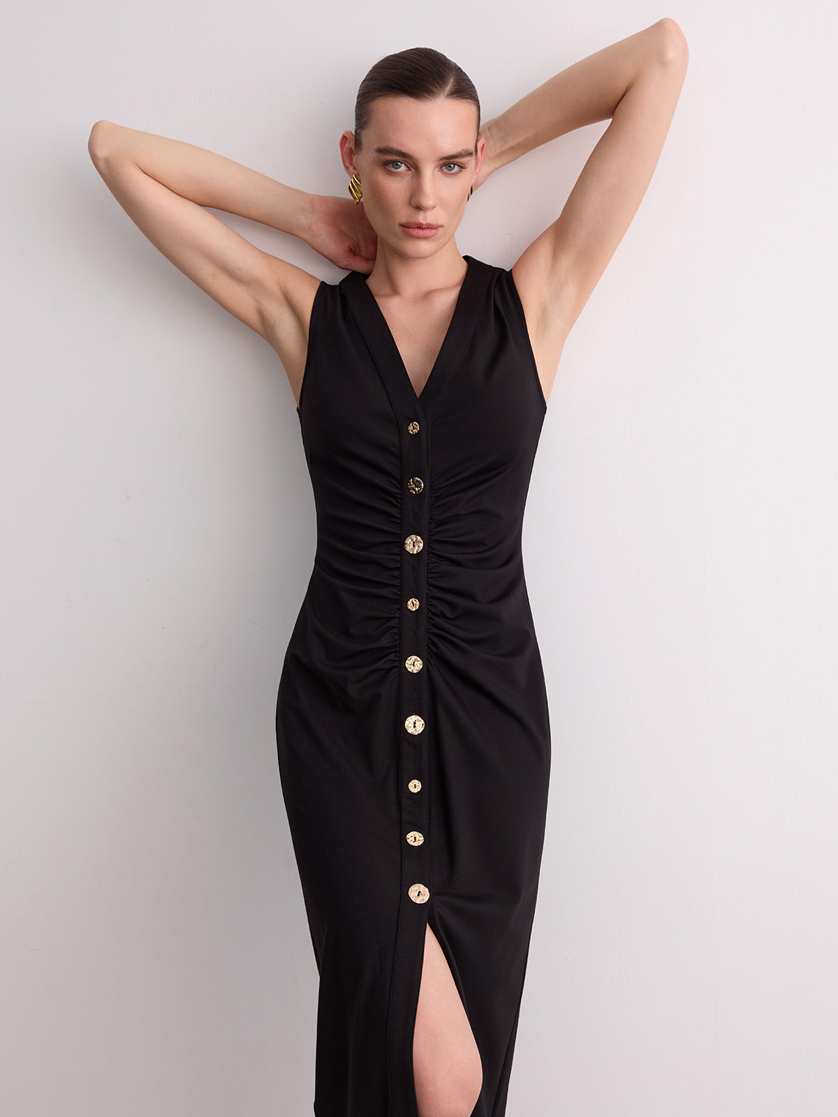 Sleeveless V-Neck Midi Dress with Ruched Button Front