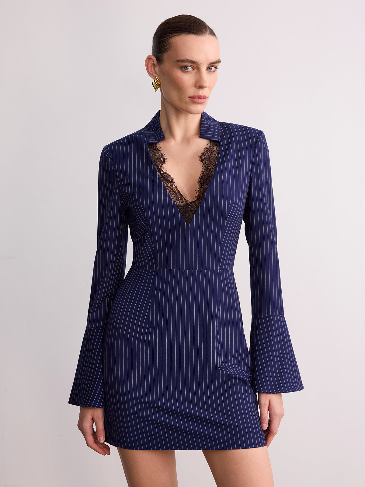 Striped Lace Mini Dress with V-Neck Detail