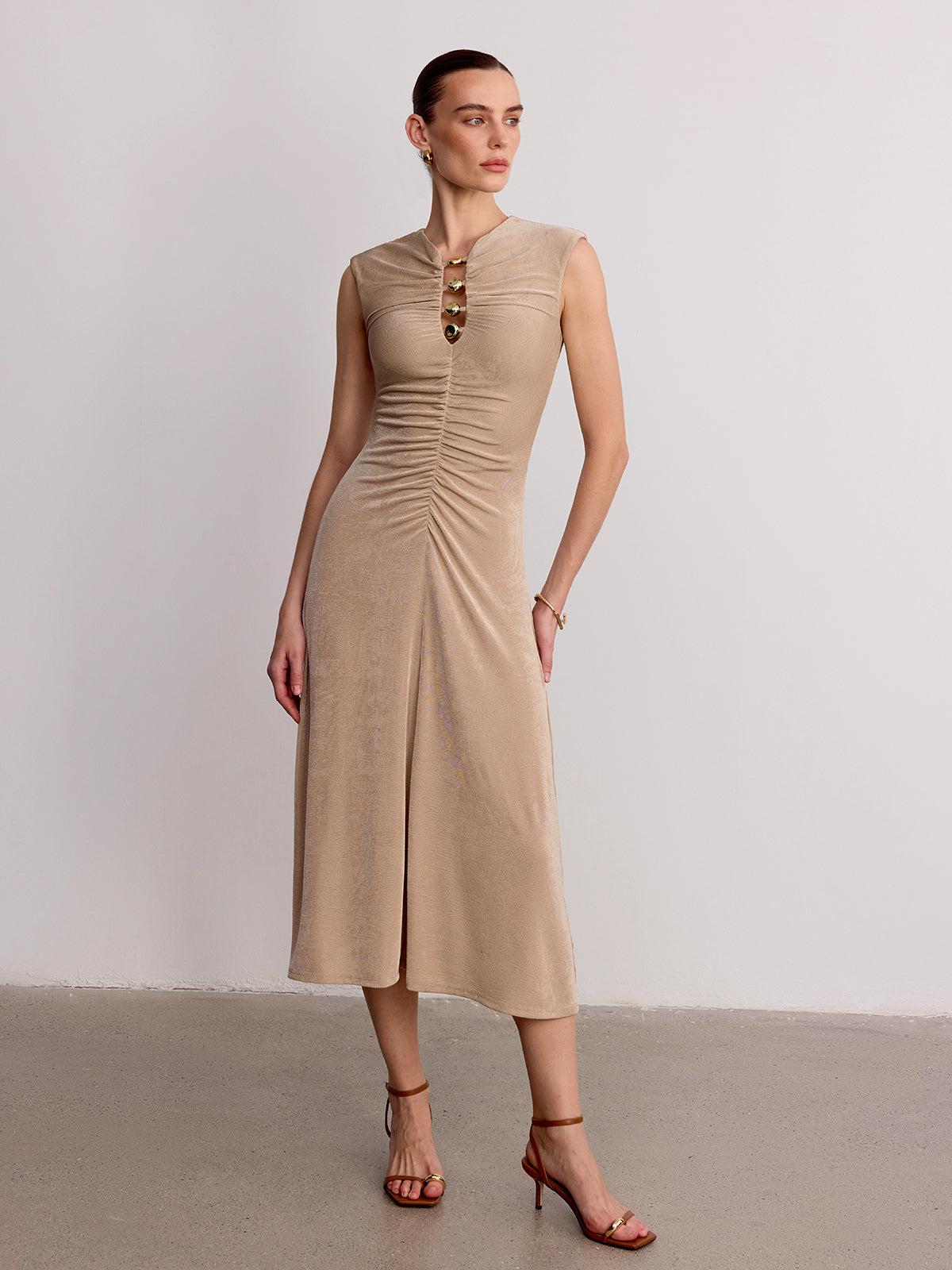 Sleeveless Maxi Dress with Metal Detail and Ruching