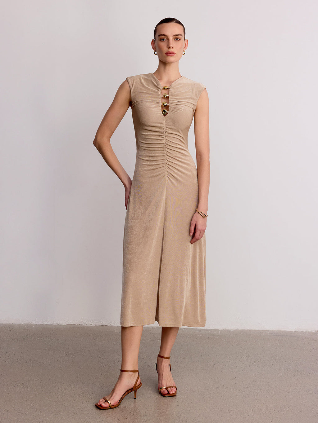 Sleeveless Maxi Dress with Metal Detail and Ruching