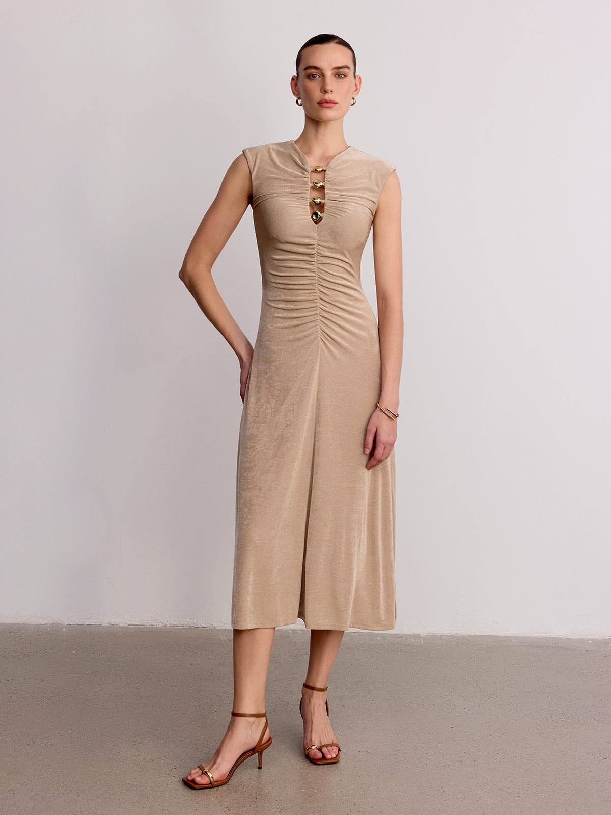 Sleeveless Maxi Dress with Metal Detail and Ruching