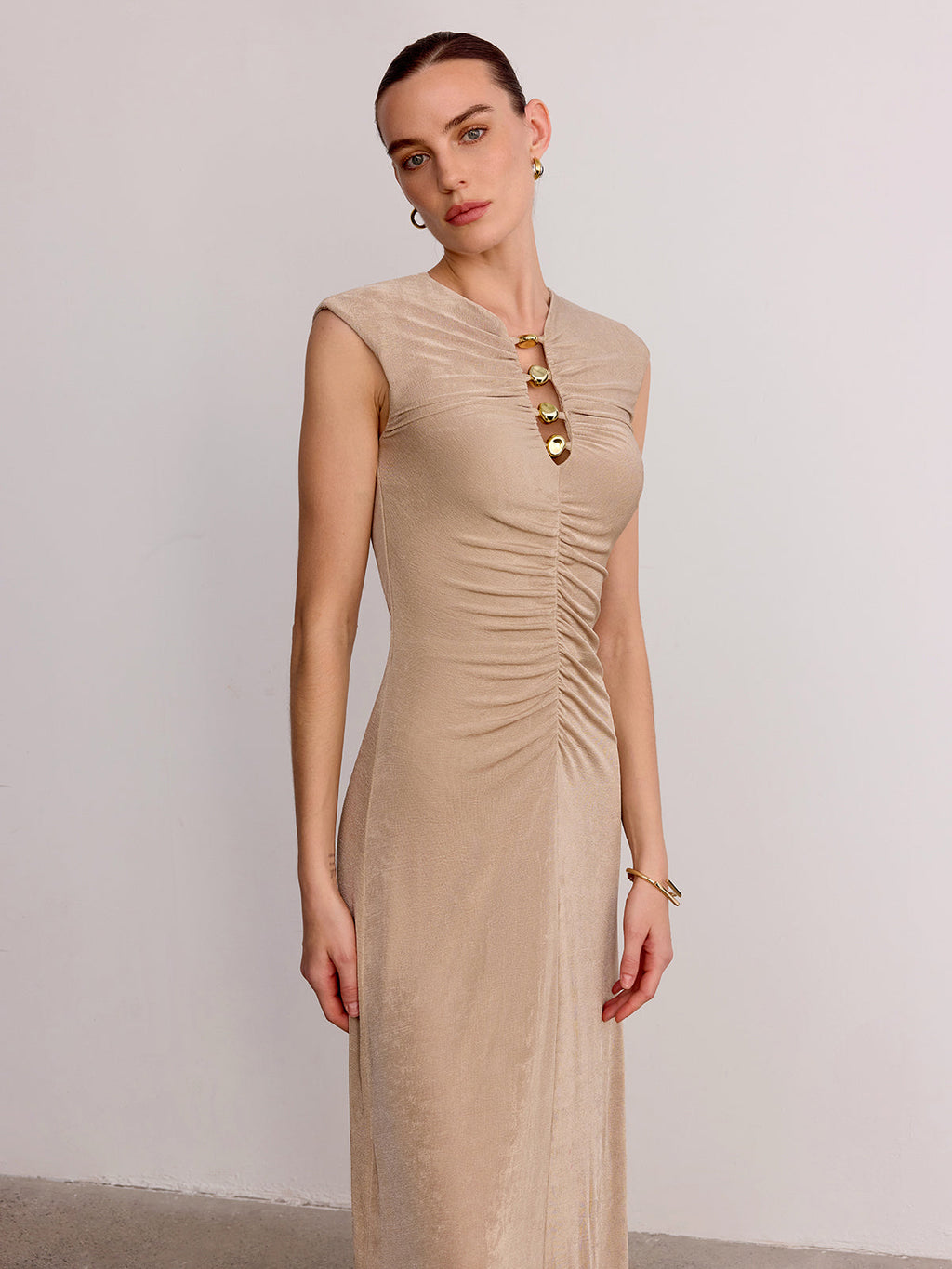 Sleeveless Maxi Dress with Metal Detail and Ruching